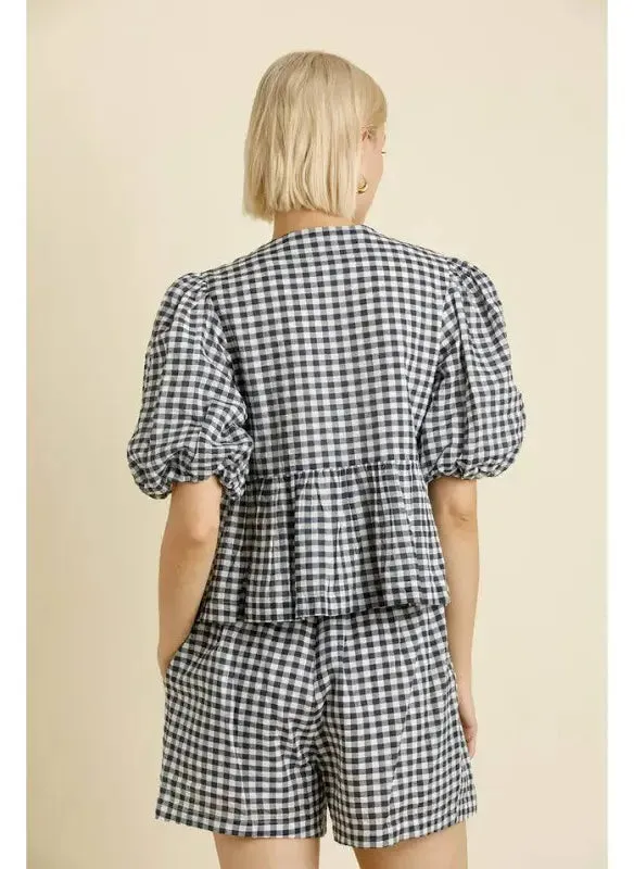 Gingham Navy Open Front Blouse