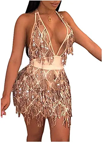 Glitter Sequin Halter Bodycon Club Dress
