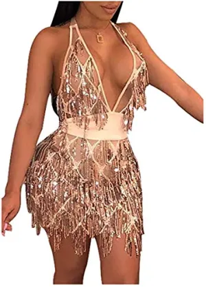 Glitter Sequin Halter Bodycon Club Dress