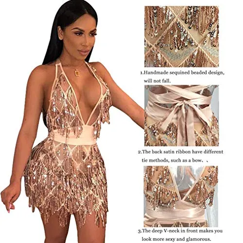 Glitter Sequin Halter Bodycon Club Dress
