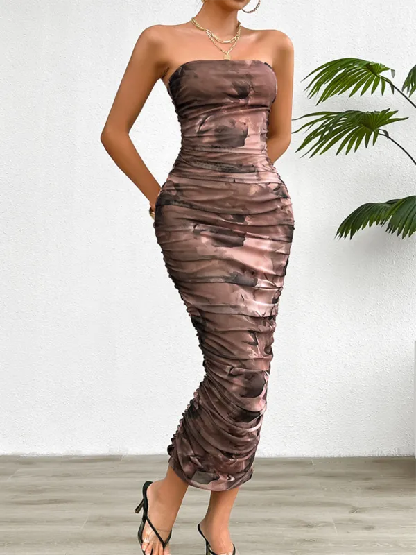 Gradient Tube Top Midi Dress with Ruched Detailing