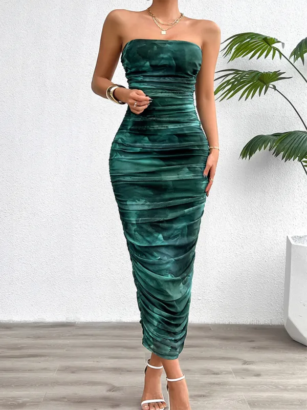 Gradient Tube Top Midi Dress with Ruched Detailing