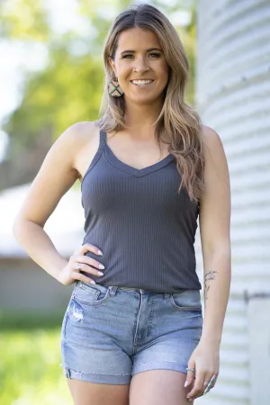 Graphite Rib Knit Fitted Tank