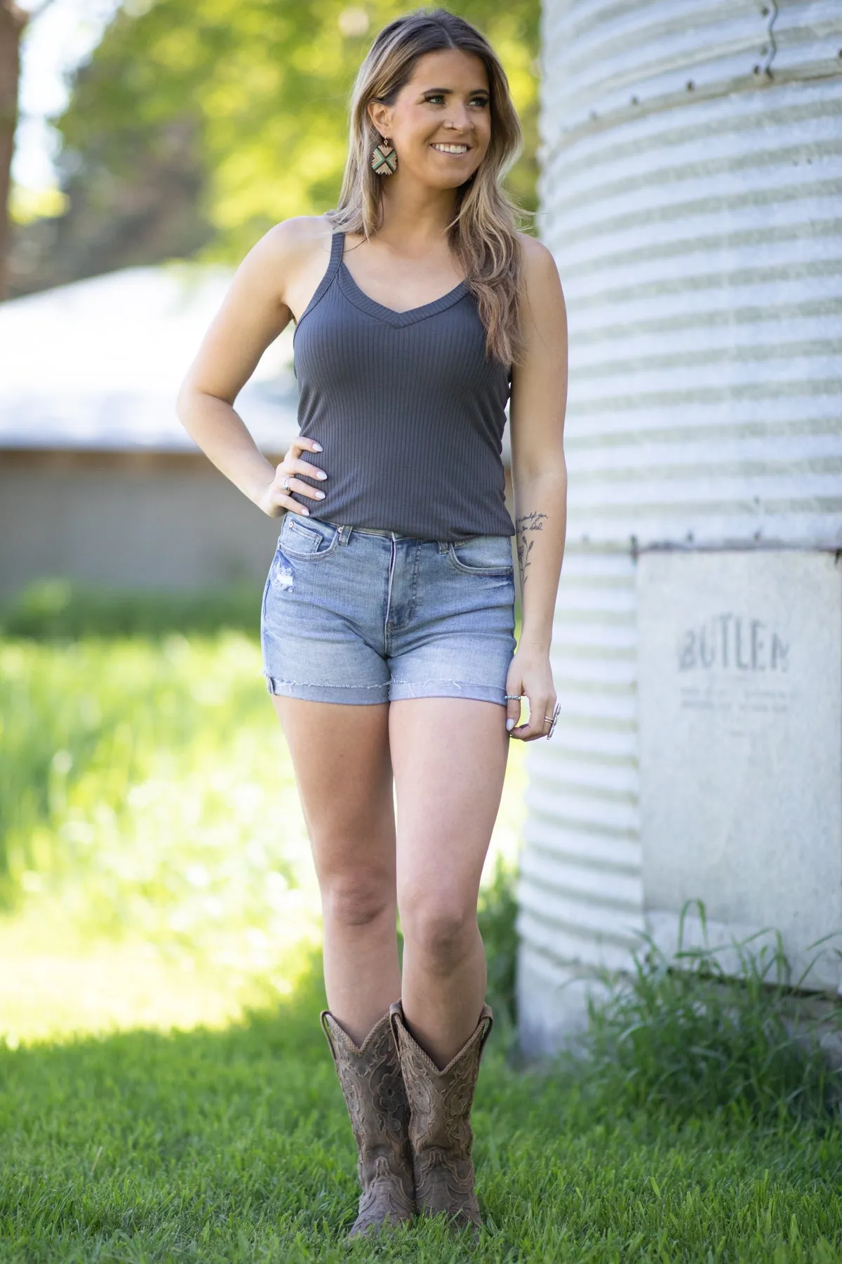 Graphite Rib Knit Fitted Tank