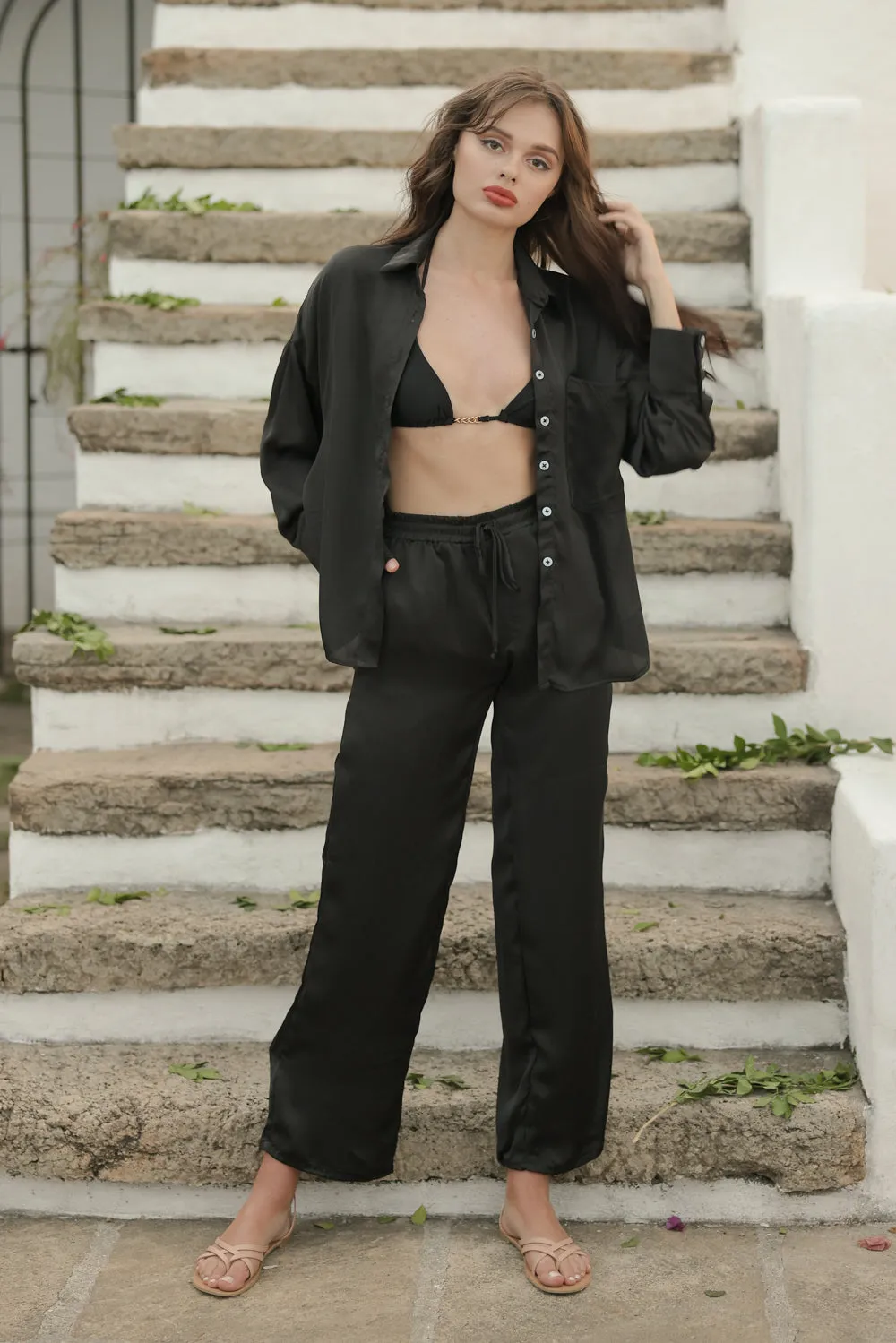 GROSSETO SET Silk Button Down Polo and Garterize Pant (Black SC Silk)