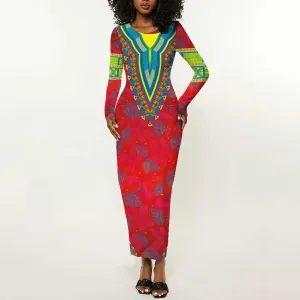 Haiti Long Sleeve Bodycon Dress Choeblack Dashiki Style Red Color LT03