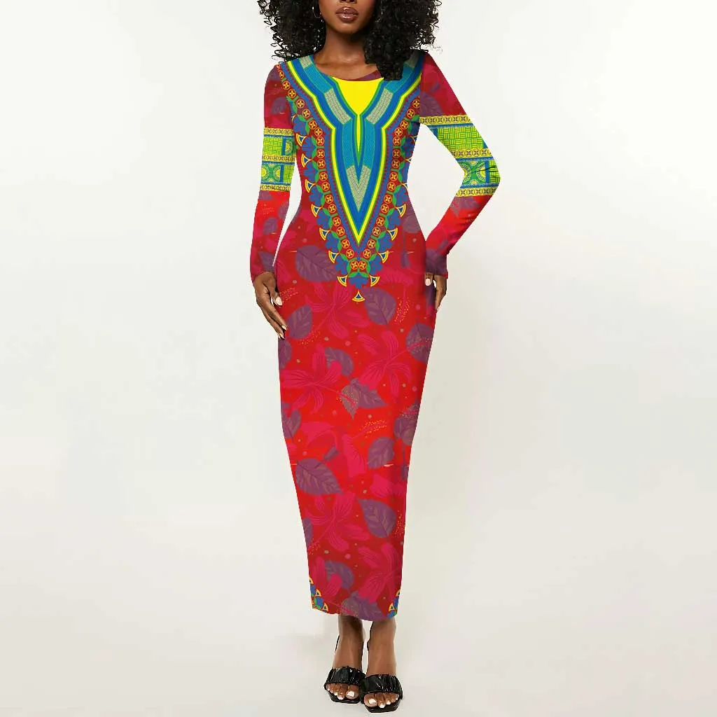Haiti Long Sleeve Bodycon Dress Choeblack Dashiki Style Red Color LT03