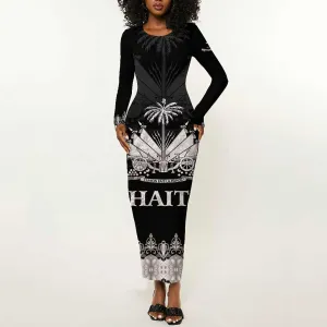 Haiti Neg Marron Long Sleeve Bodycon Dress Hope is Nothing Without Action - Silver LT01