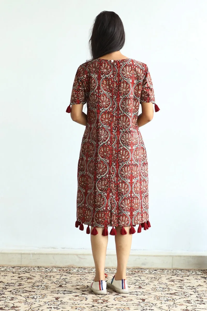 Hand block printed cotton shift dress in Maroon
