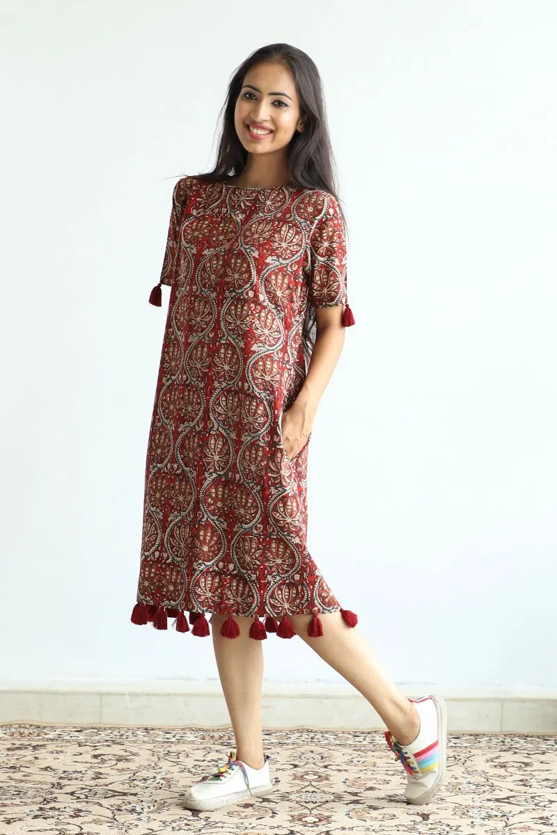 Hand block printed cotton shift dress in Maroon