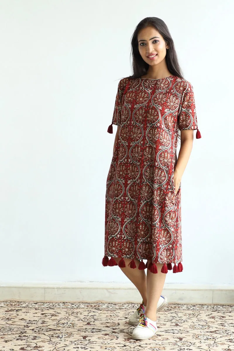 Hand block printed cotton shift dress in Maroon