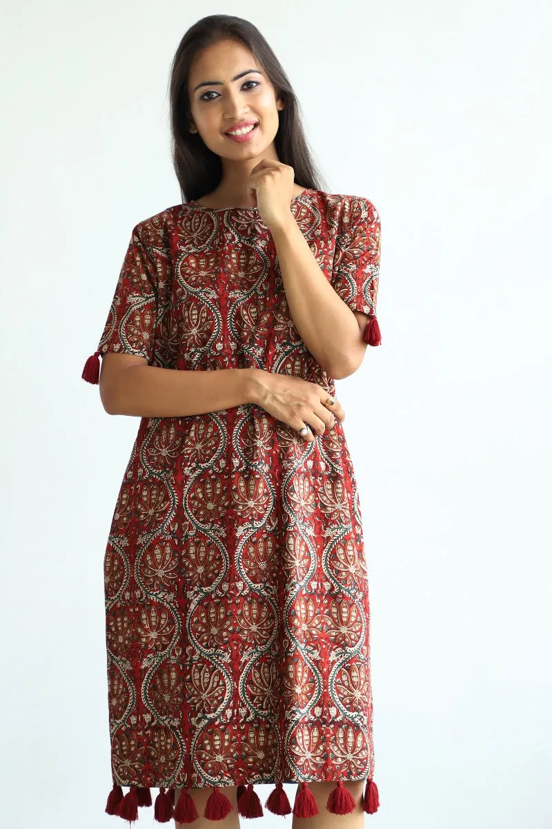 Hand block printed cotton shift dress in Maroon