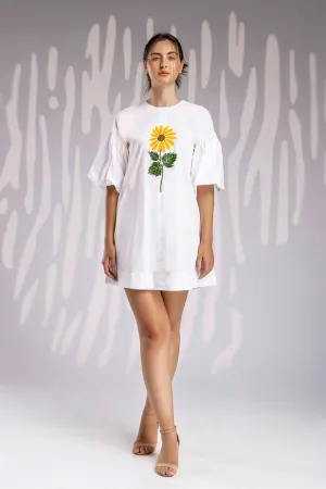 Handpainted Balloon Sleeves Shift Dress - White