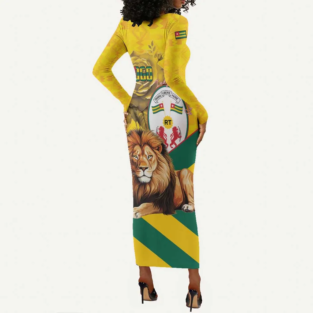 Happy Togo Independence Day Long Sleeve Bodycon Dress Lion With Coat Of Arms - Kente Pattern LT15