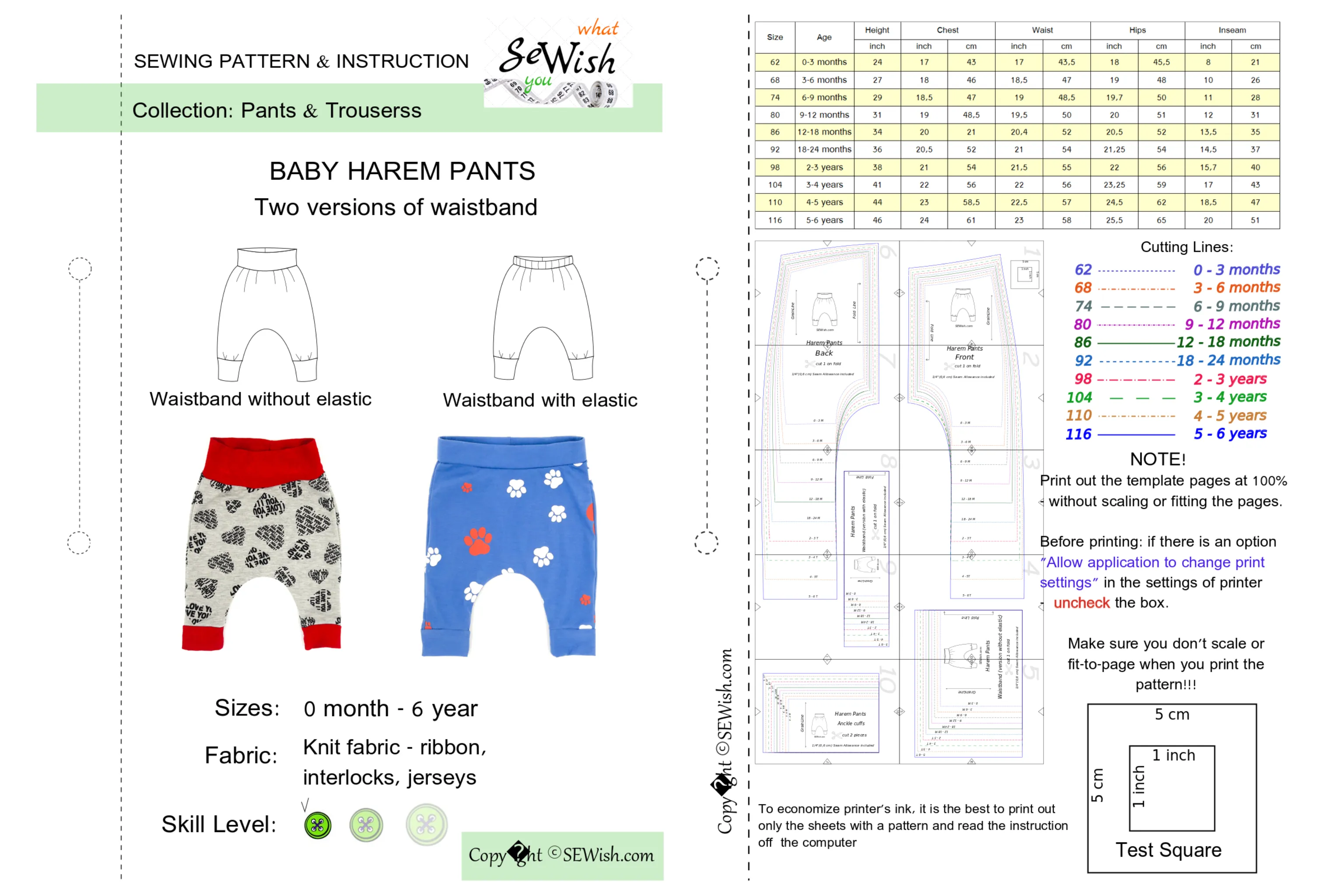 Harem Pants Baby Sewing Patterns. Sizes 0 Month-6 YEARS