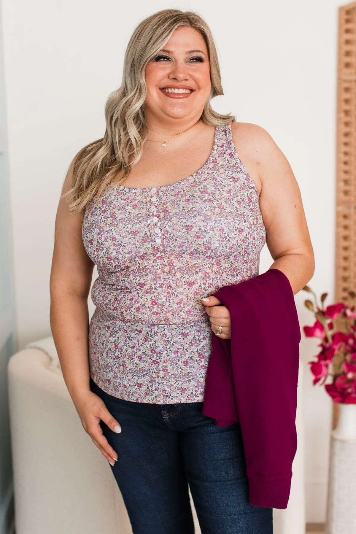 Here & There Floral Tank Top- Light Blue & Lavender