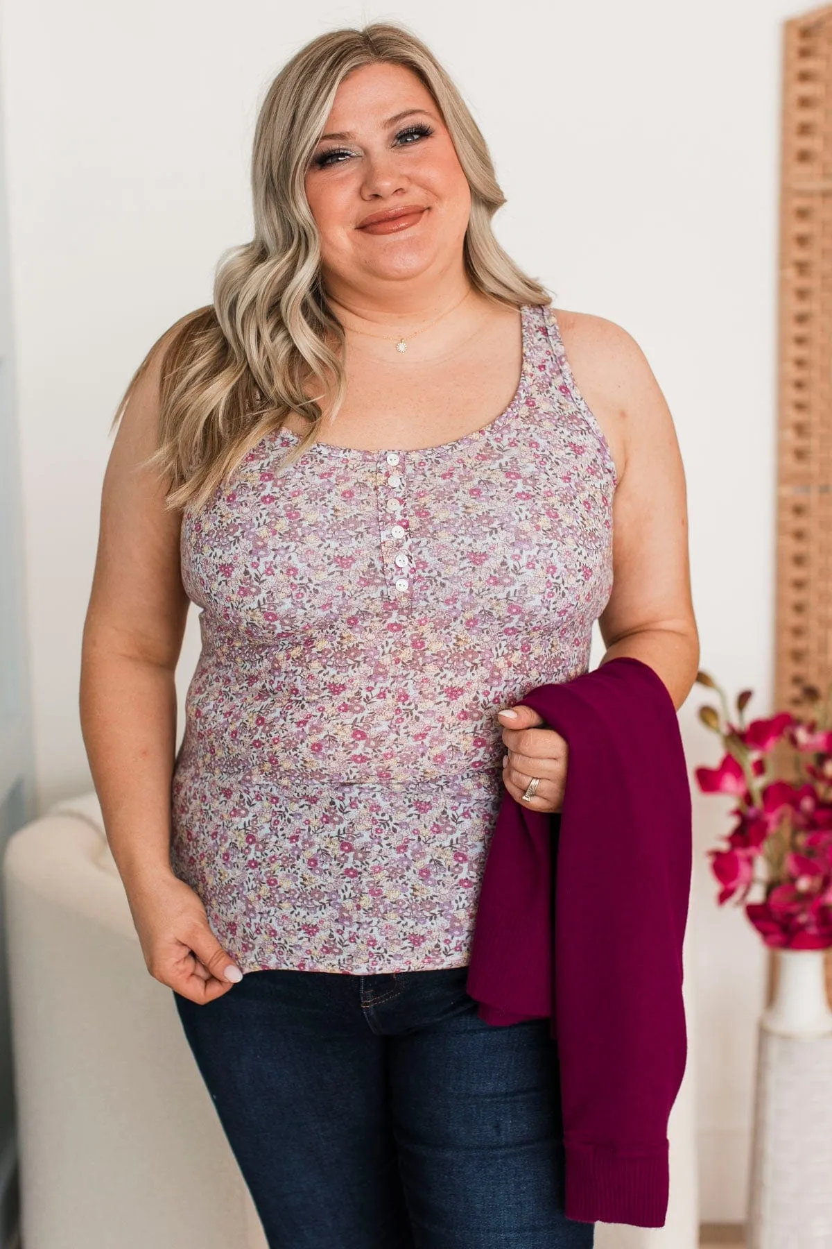 Here & There Floral Tank Top- Light Blue & Lavender