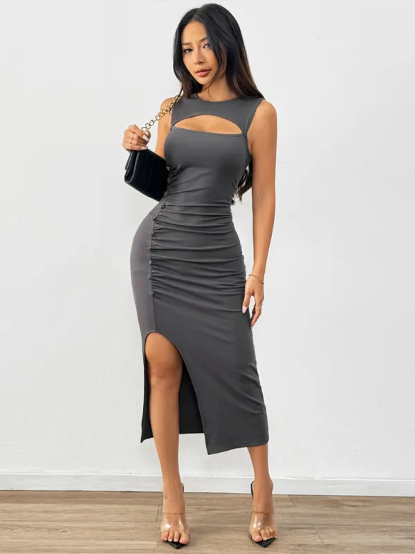 Hollow Design Midi Dress with Side Slit and Ruched Detail