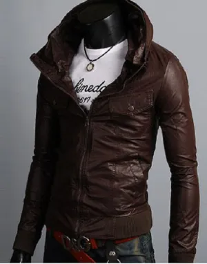 Hooded Biker Leather Jacket for Men in Dark Brown