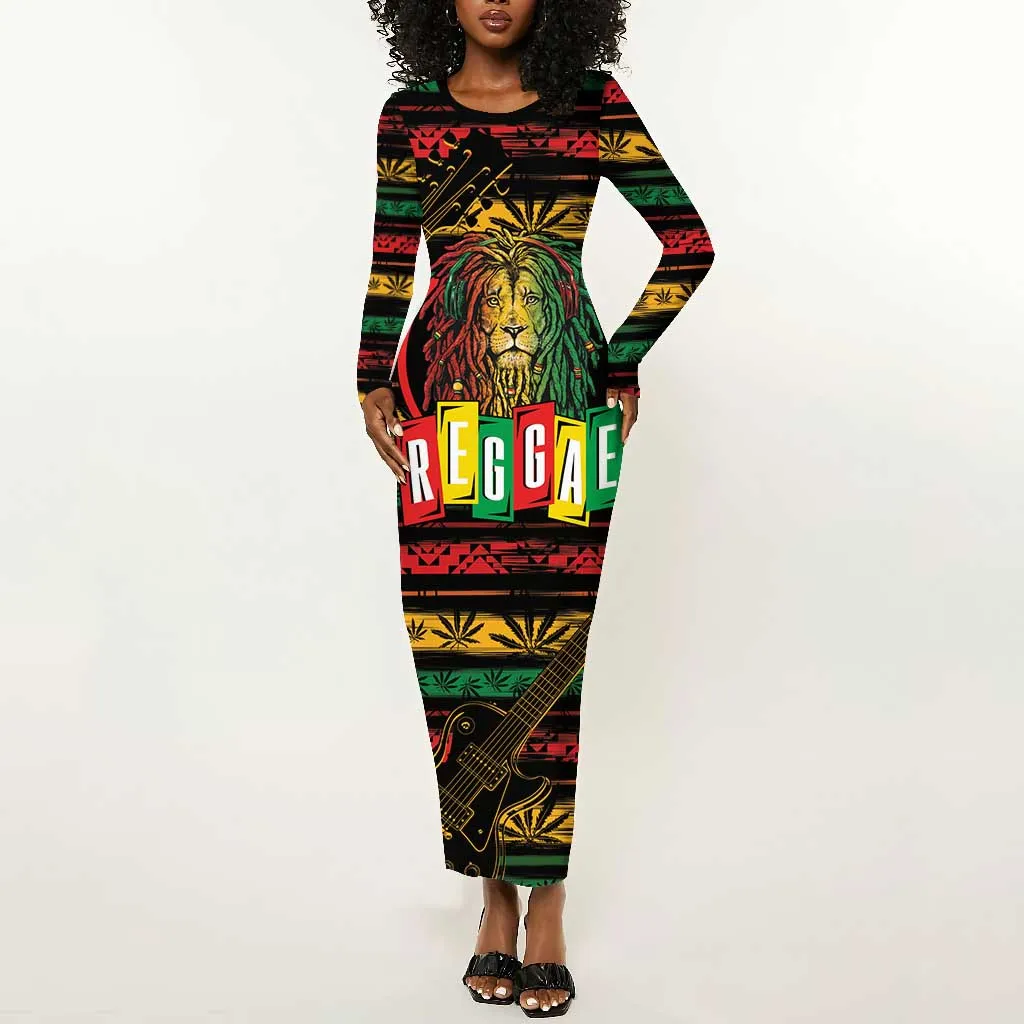 International Reggae Day Long Sleeve Bodycon Dress Rastafarian Lion Legend of Reggae LT01