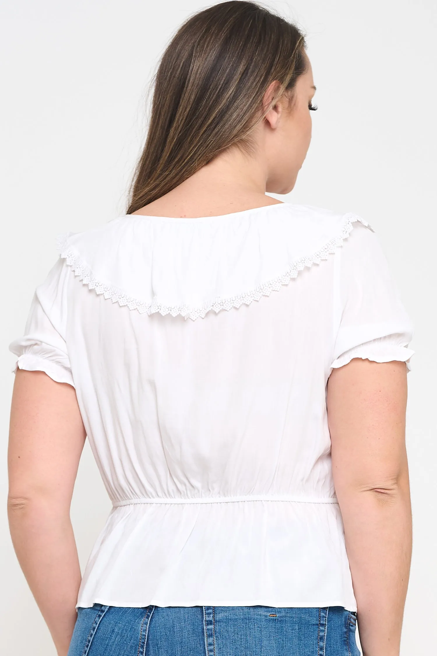 IT6225-PLUS | Tops | Junior Plus Button Down Lace Trim Top