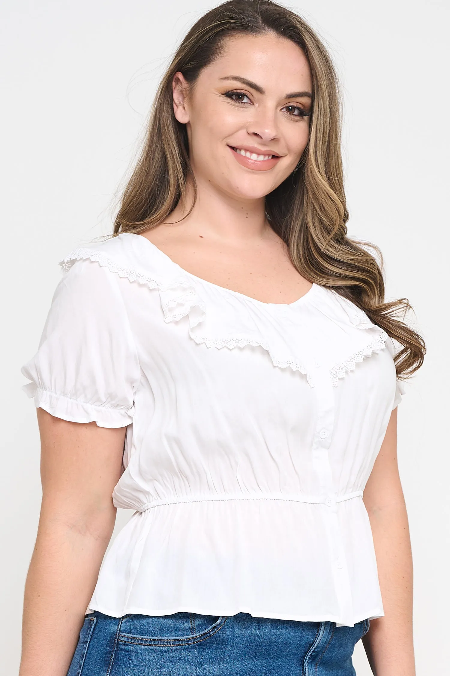 IT6225-PLUS | Tops | Junior Plus Button Down Lace Trim Top