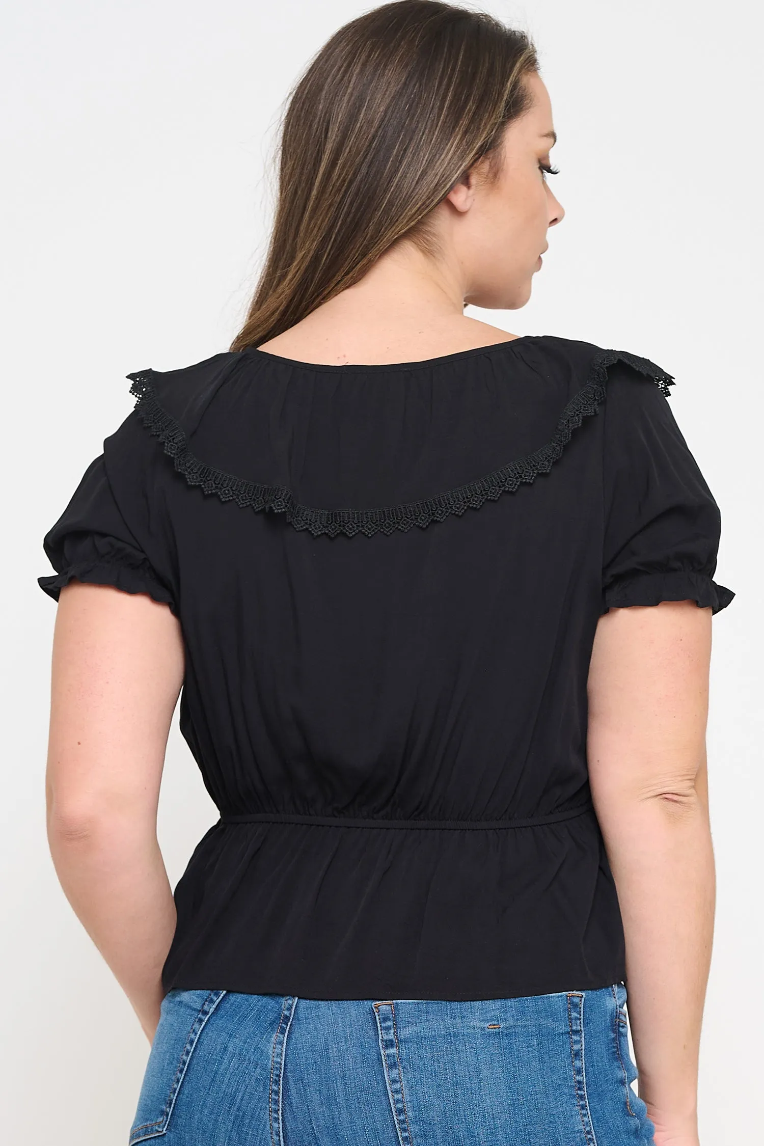 IT6225-PLUS | Tops | Junior Plus Button Down Lace Trim Top