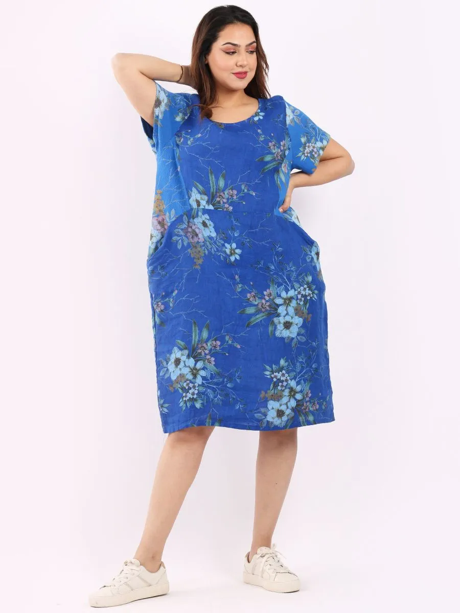 Italian Classic Shift Bouquet Royal Blue Linen Dress Sz 10-16