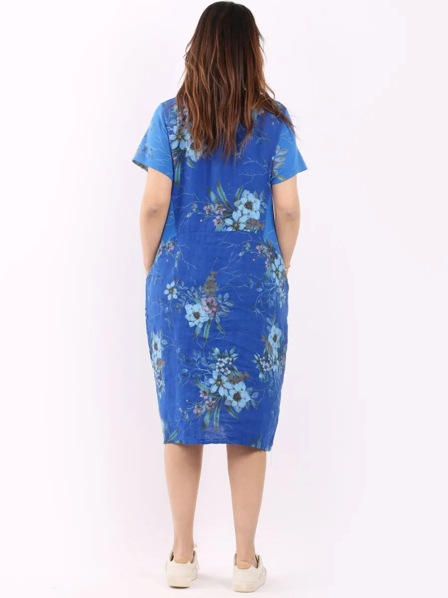Italian Classic Shift Bouquet Royal Blue Linen Dress Sz 10-16