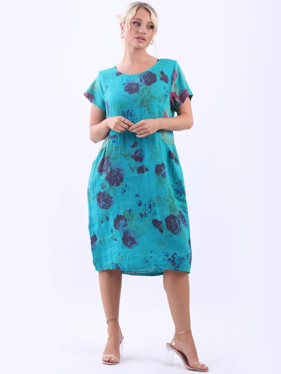 Italian Classic Shift Rose Teal Linen Dress Sz 10-16