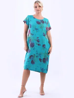 Italian Classic Shift Rose Teal Linen Dress Sz 10-16