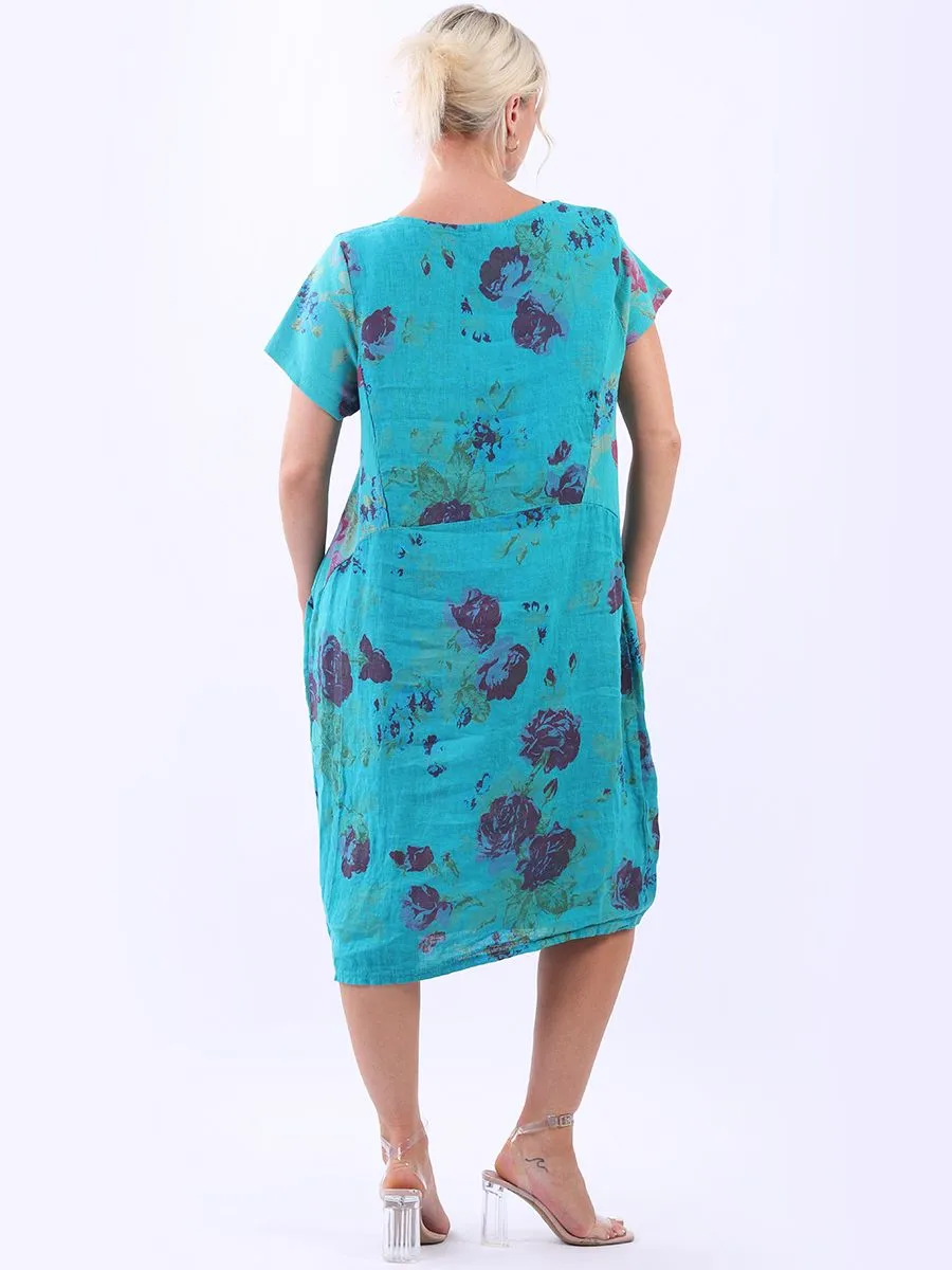 Italian Classic Shift Rose Teal Linen Dress Sz 10-16