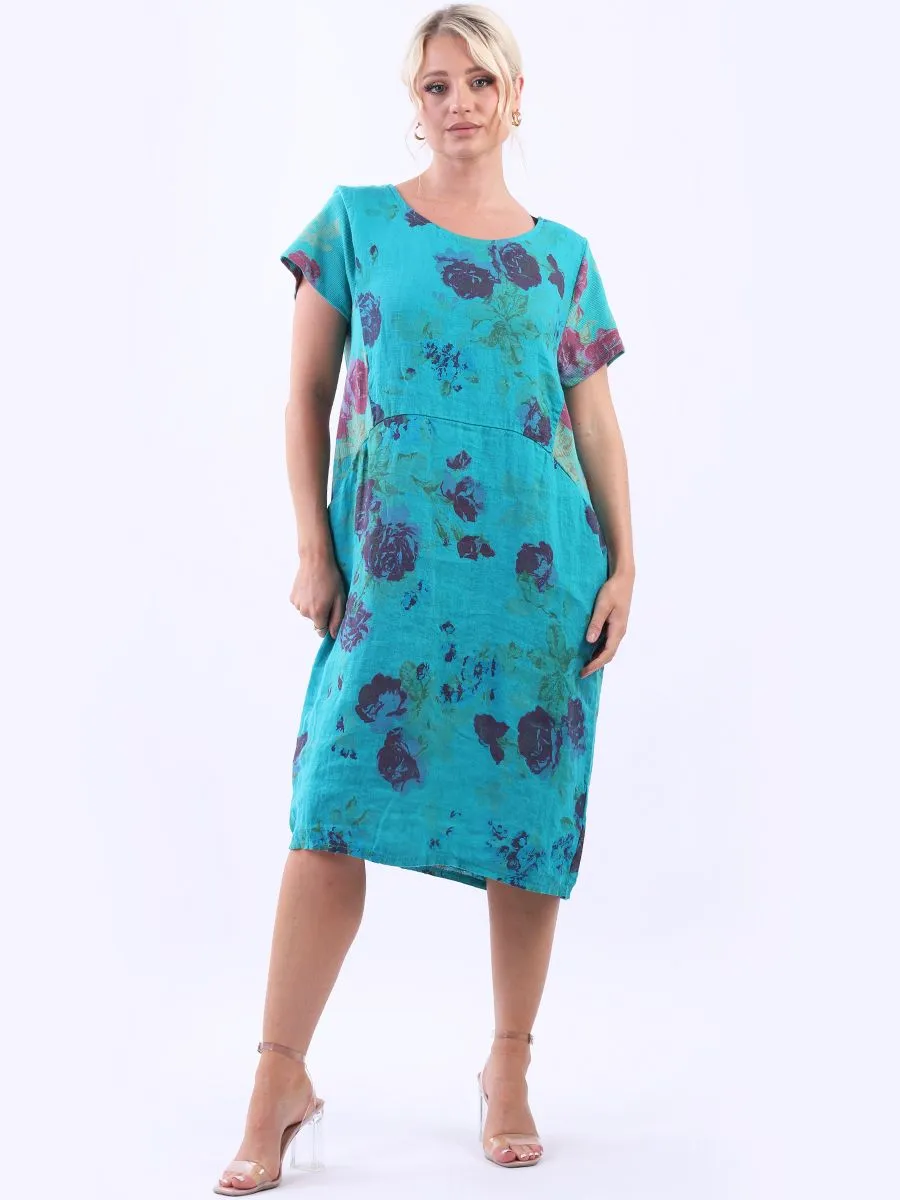 Italian Classic Shift Rose Teal Linen Dress Sz 10-16