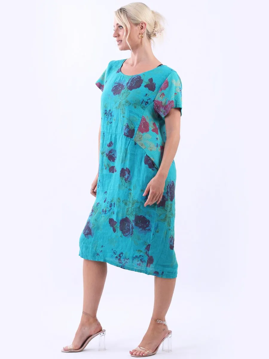 Italian Classic Shift Rose Teal Linen Dress Sz 10-16