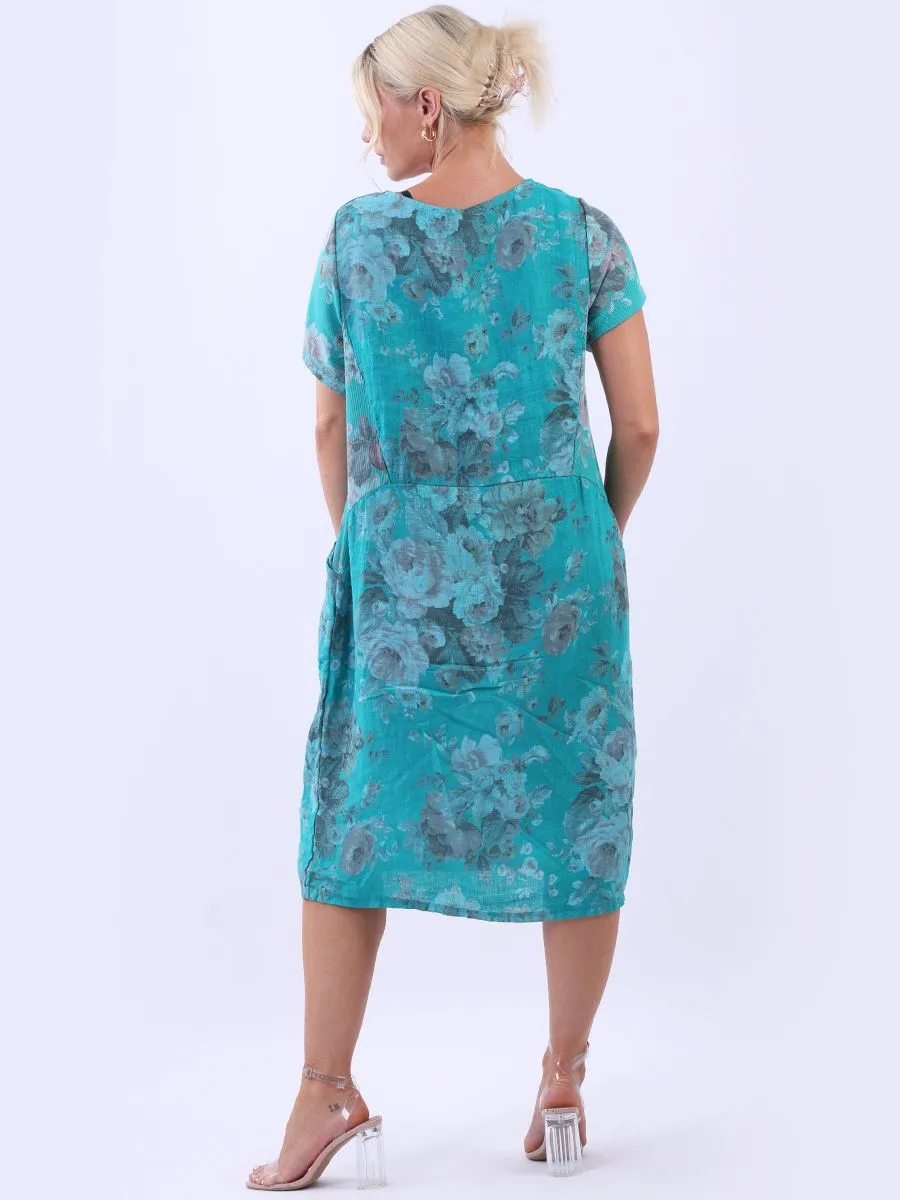 Italian Classic Shift Soft Floral Teal Linen Dress Sz 10-16