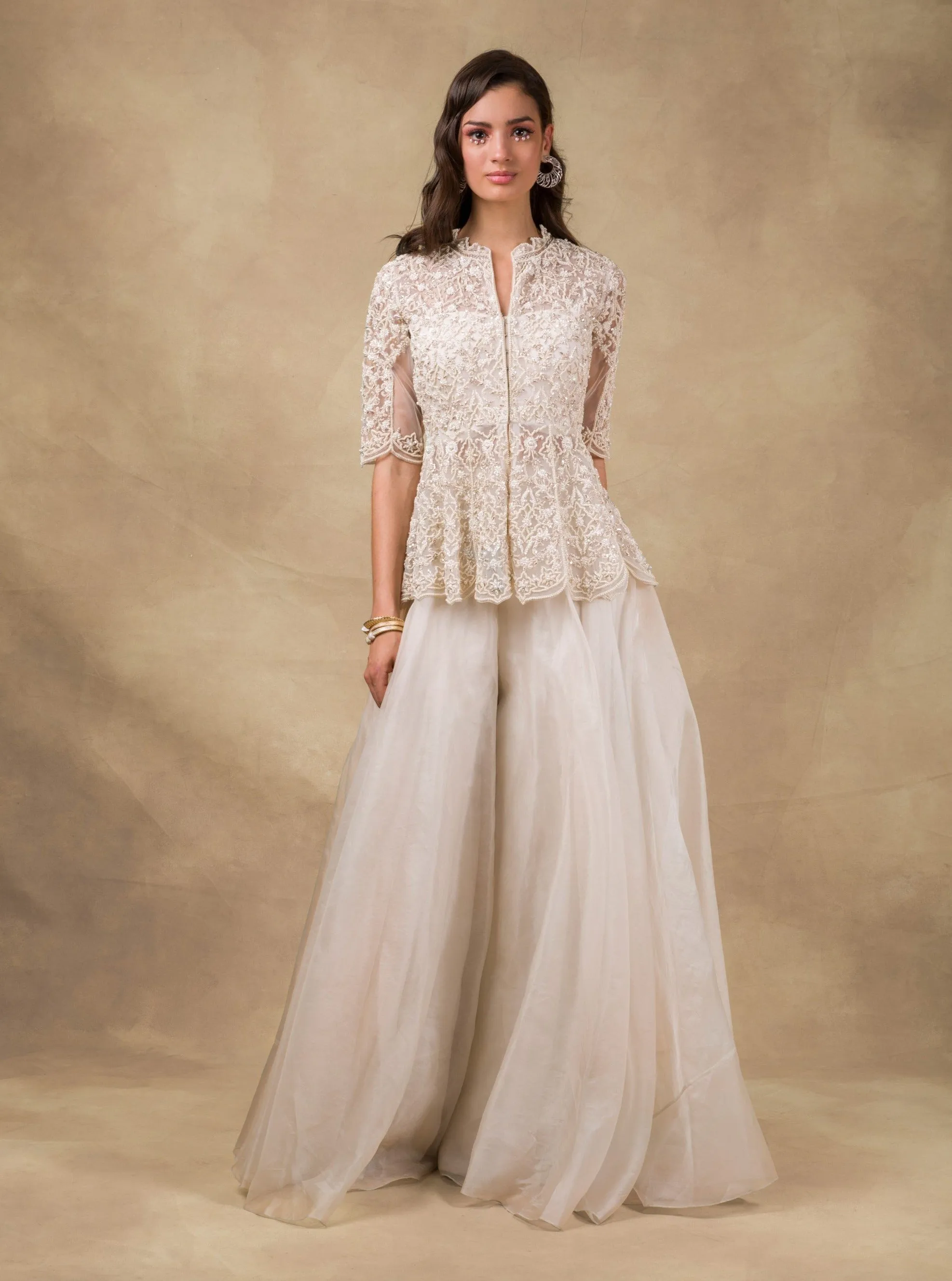 Ivory Embroidered Peplum & Sharara