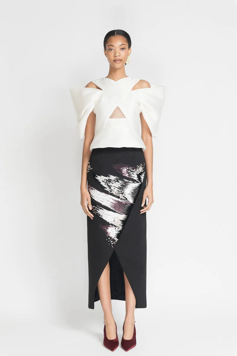 Ivory Gazar Top with Draped Sleeves