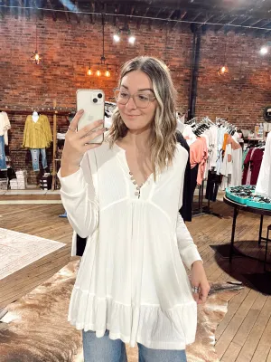 IVORY RIB AND RUFFLE HENLEY KNIT TUNIC TOP