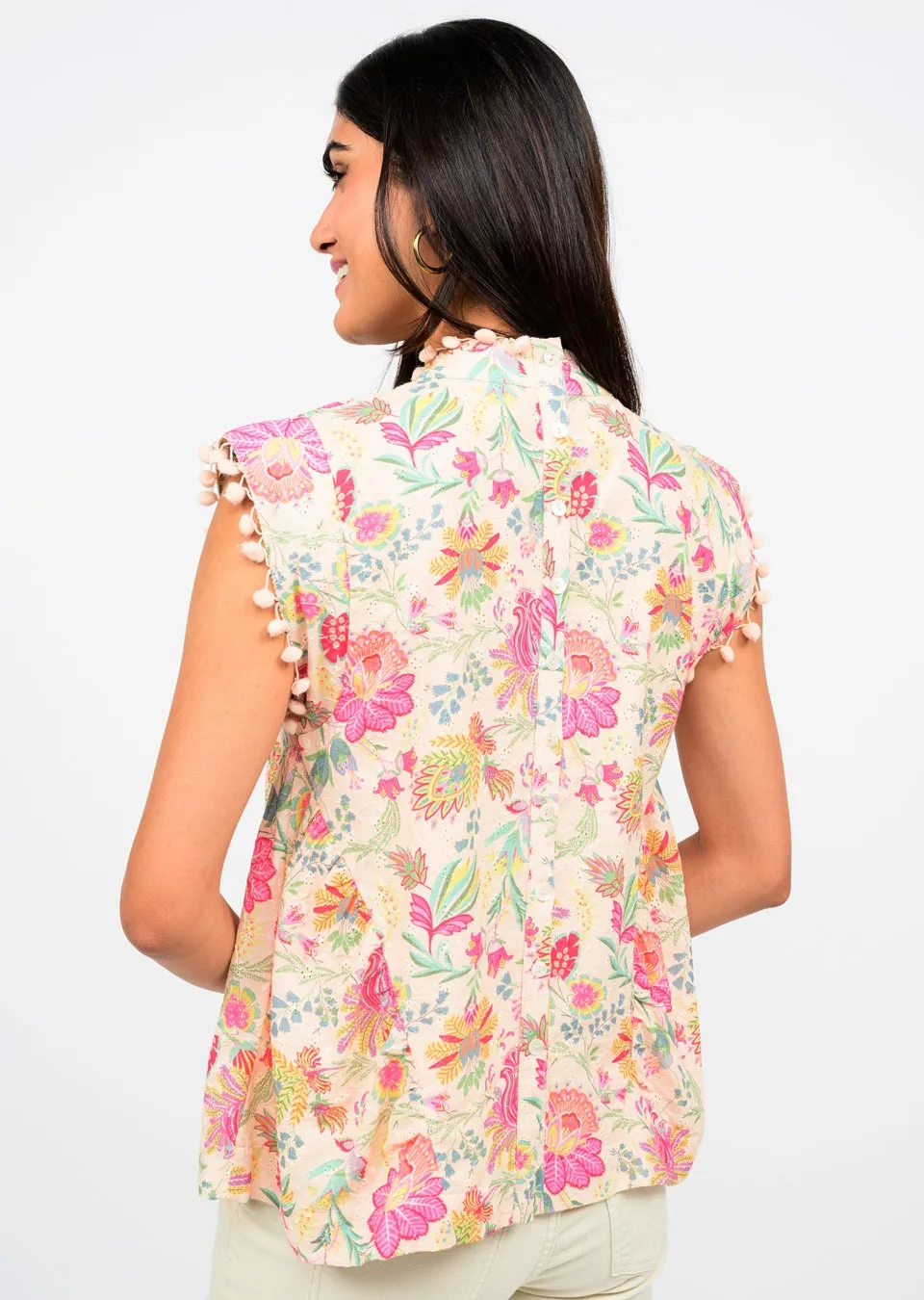 IVY JANE POM AND PEPLUM TOP - PEACH MULTI