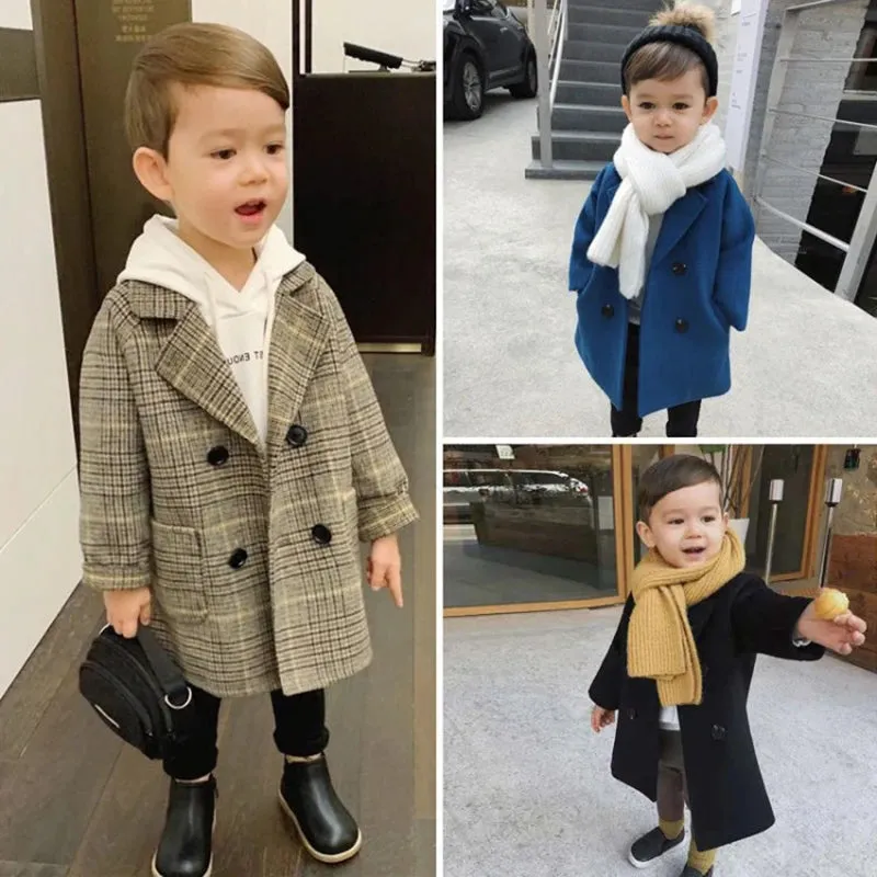 Jackets Child  Girl Woolen Double-breasted Baby Trench Coat Lapel Autumn Kids Outerwear  Winter Wool Overcoat