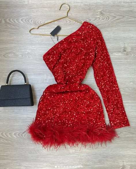 JazzHer Sparkly One Shoulder Bodycon Velvet Feather Sequin Party Dress Red Homecoming Dresses (PRE-ORDER)