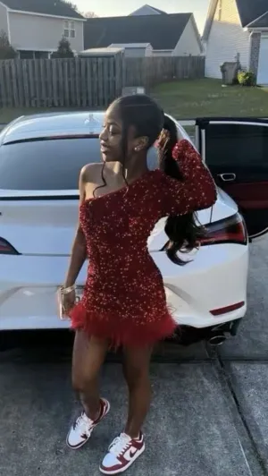 JazzHer Sparkly One Shoulder Bodycon Velvet Feather Sequin Party Dress Red Homecoming Dresses (PRE-ORDER)