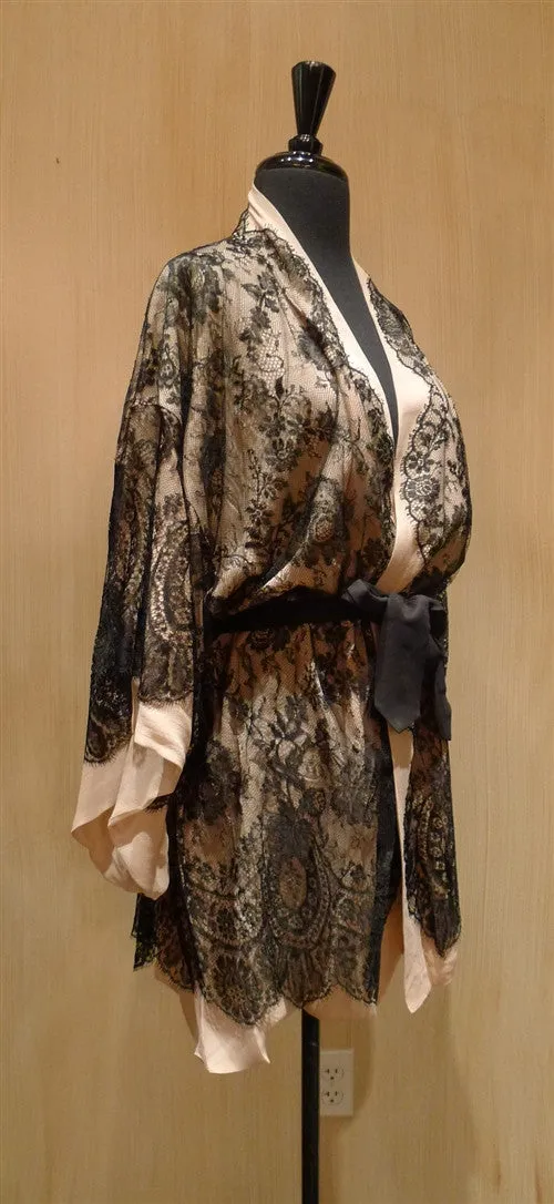 Jenny Packham Black Chantilly Lace and Nude Silk Robe