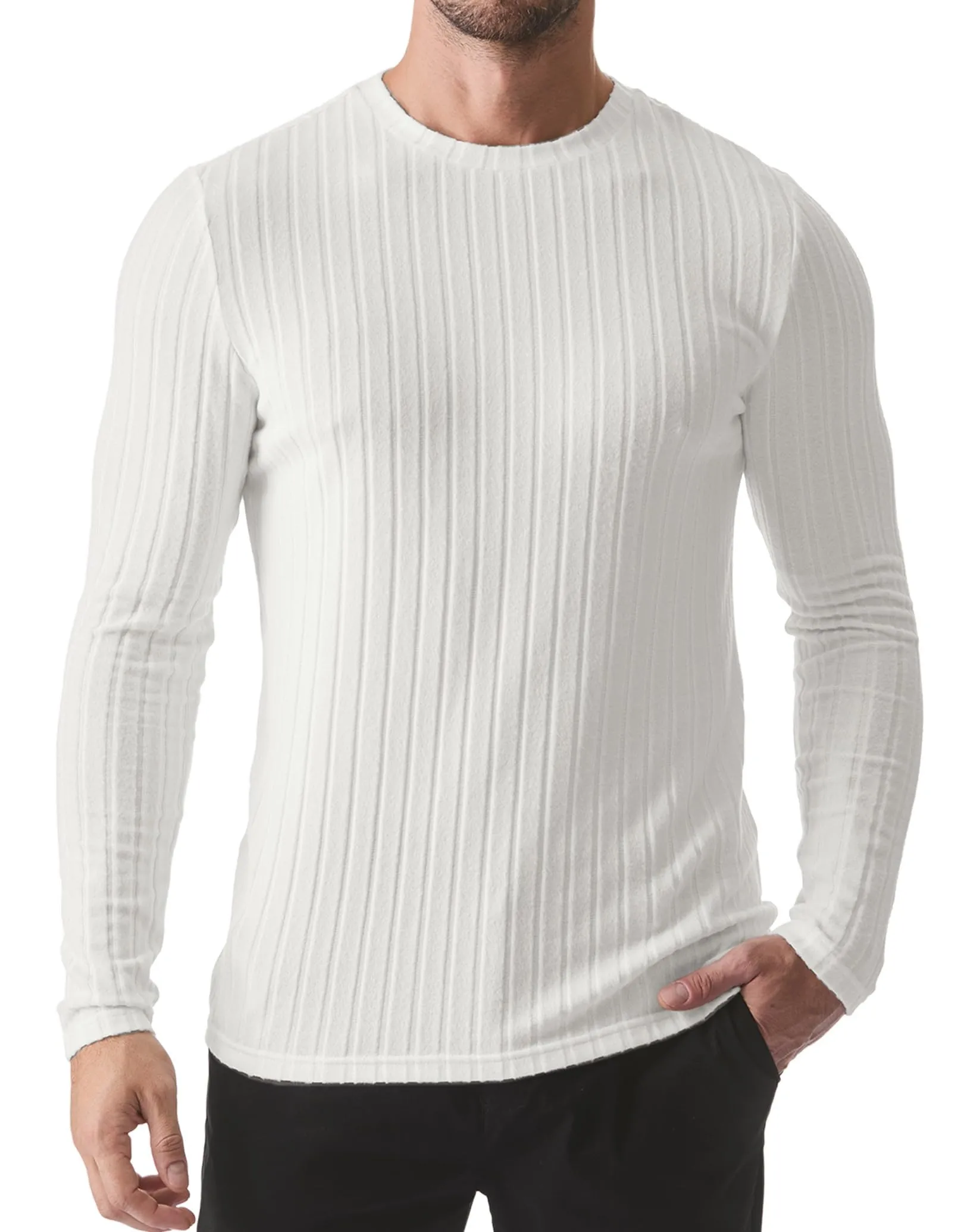 JMIERR Mens Casual Long Sleeve Lightweight T-Shirt Slim Fit Knit Crew Neck Stretch Ribbed Undershirts for Men