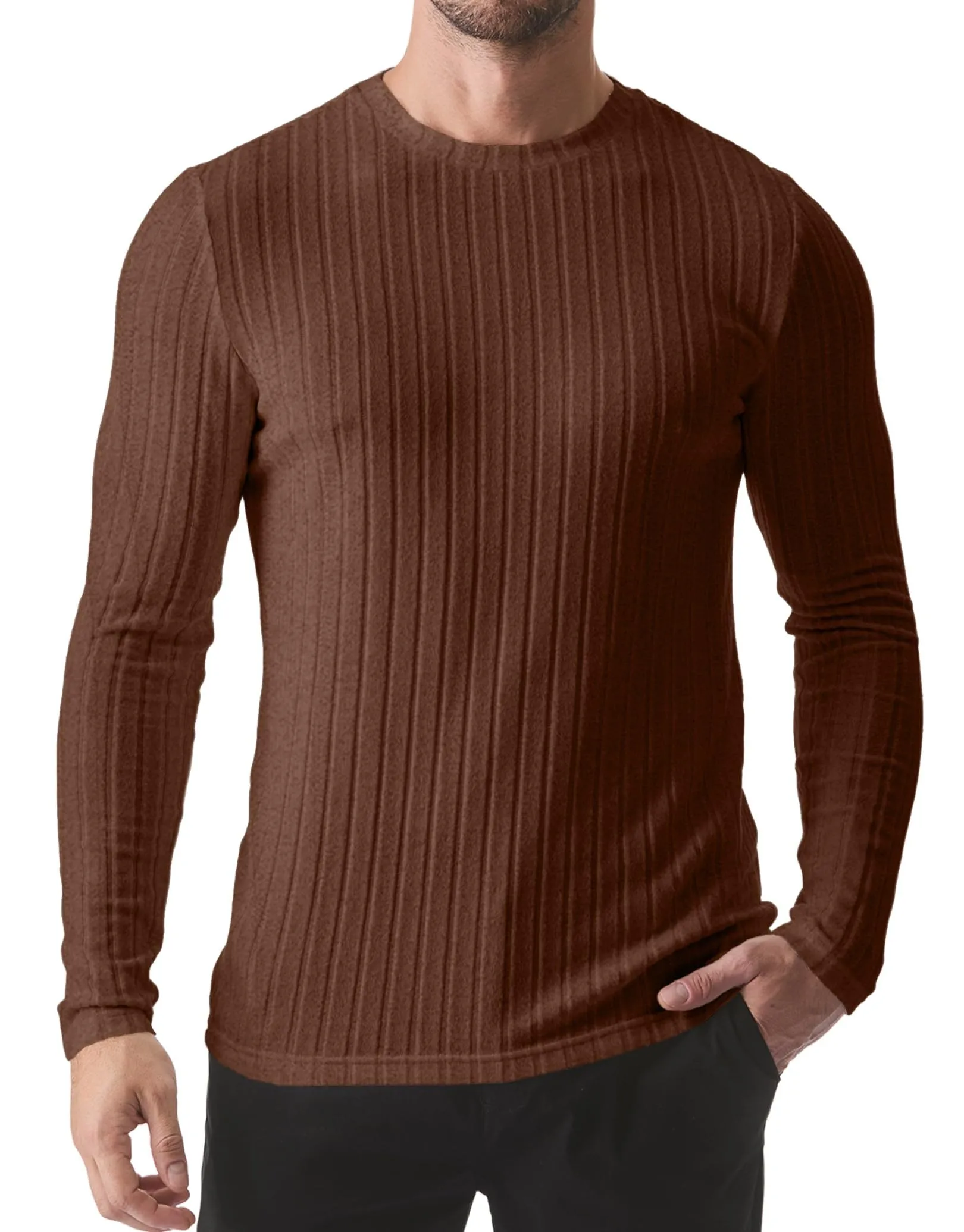 JMIERR Mens Casual Long Sleeve Lightweight T-Shirt Slim Fit Knit Crew Neck Stretch Ribbed Undershirts for Men