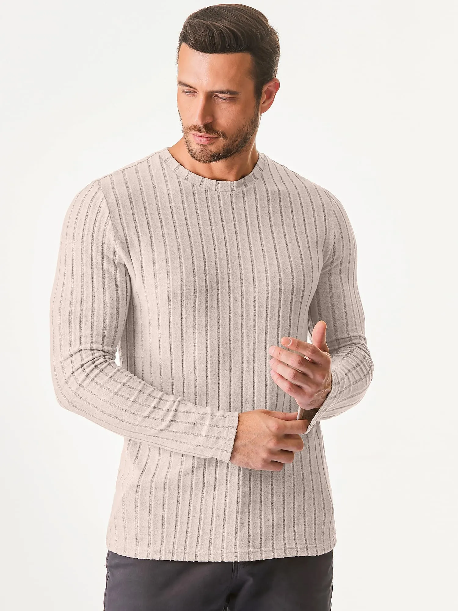 JMIERR Mens Casual Long Sleeve Lightweight T-Shirt Slim Fit Knit Crew Neck Stretch Ribbed Undershirts for Men