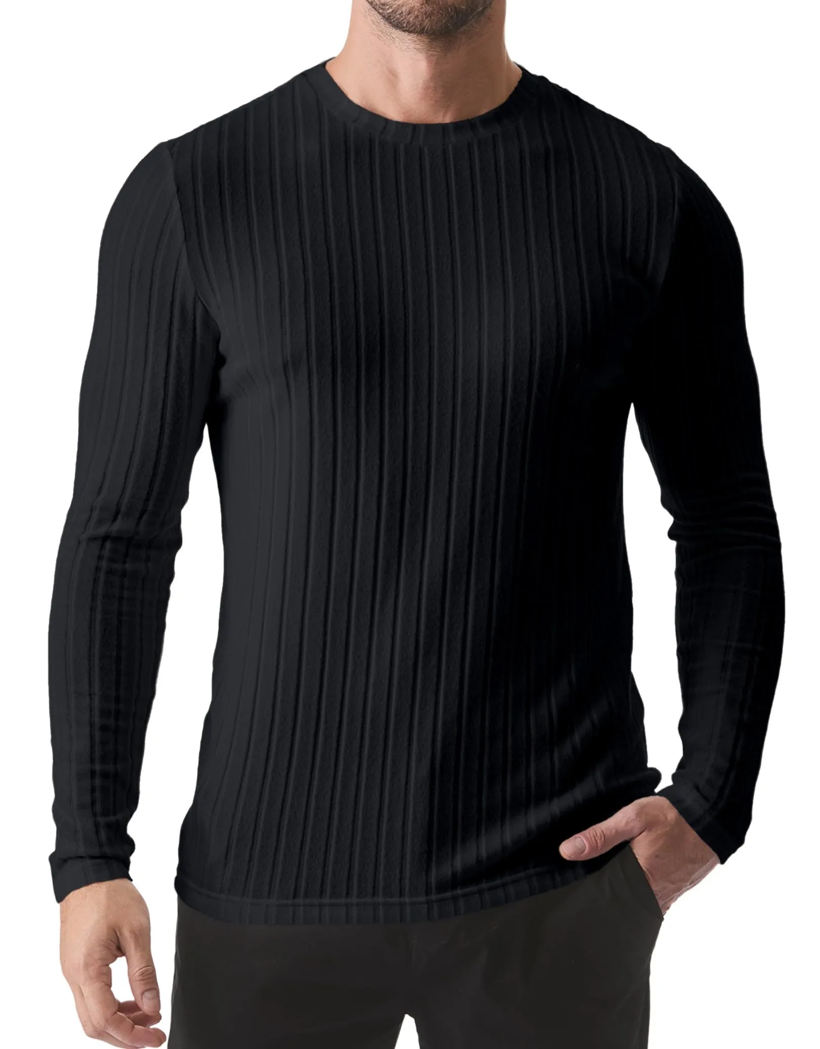 JMIERR Mens Casual Long Sleeve Lightweight T-Shirt Slim Fit Knit Crew Neck Stretch Ribbed Undershirts for Men