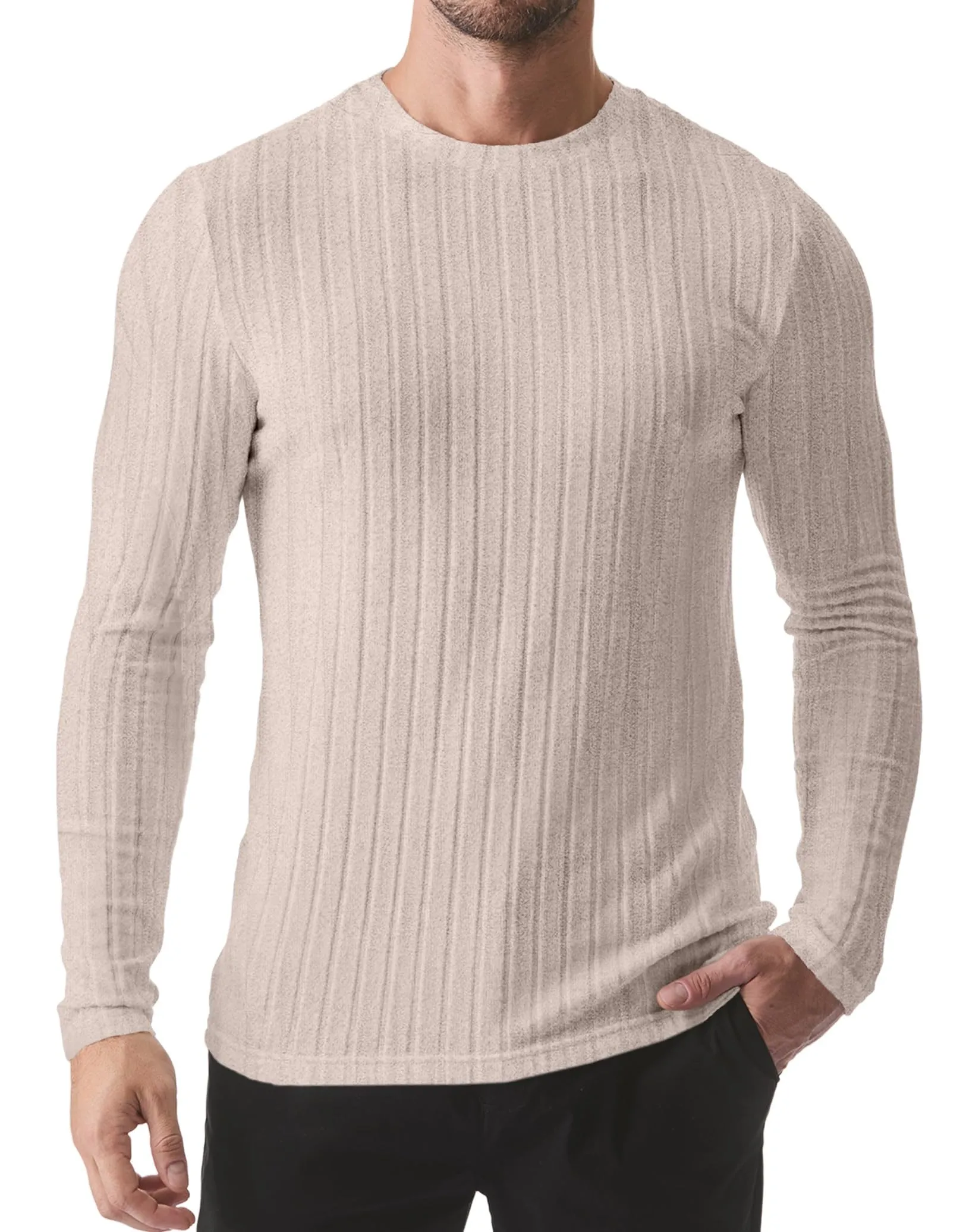 JMIERR Mens Casual Long Sleeve Lightweight T-Shirt Slim Fit Knit Crew Neck Stretch Ribbed Undershirts for Men