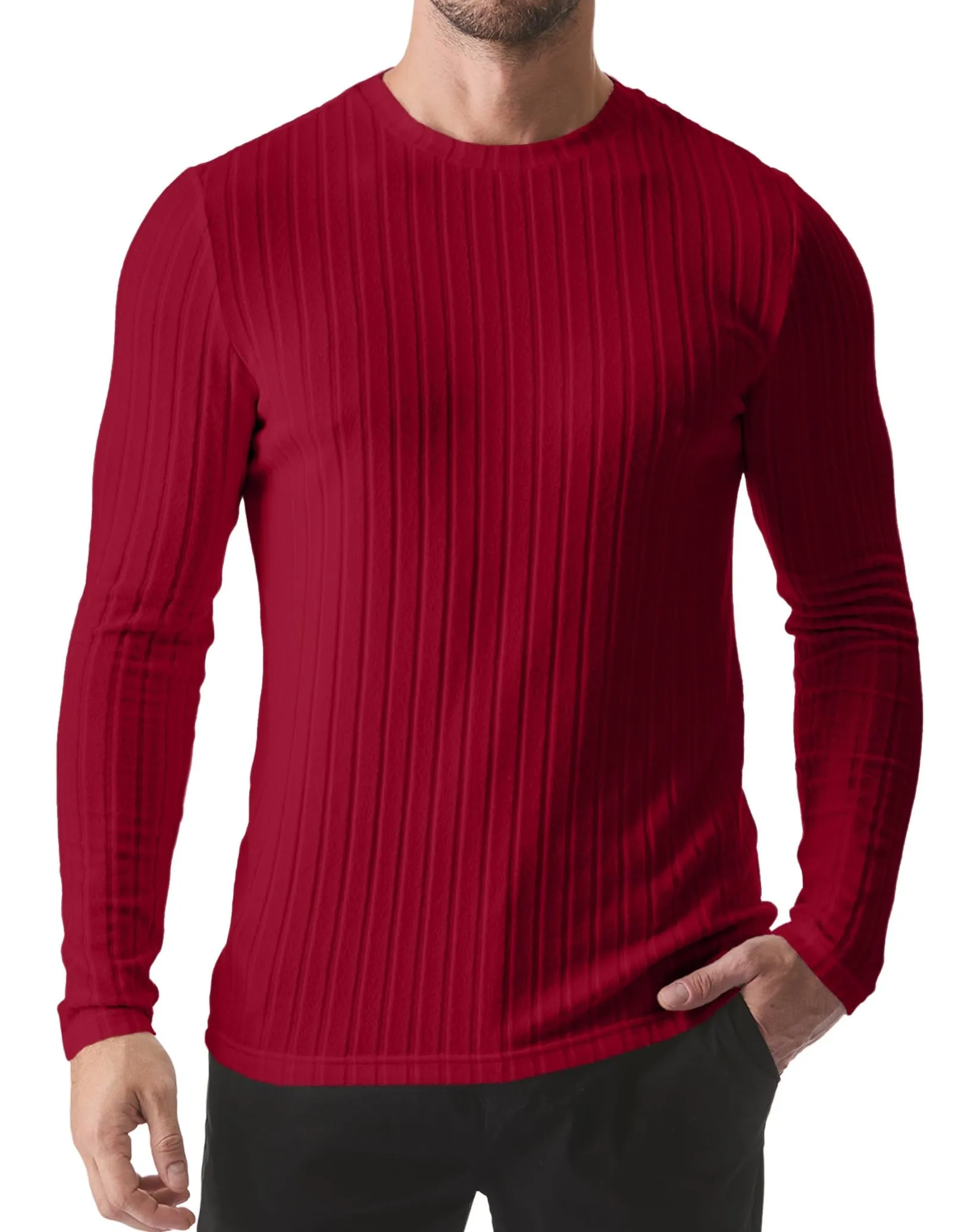 JMIERR Mens Casual Long Sleeve Lightweight T-Shirt Slim Fit Knit Crew Neck Stretch Ribbed Undershirts for Men