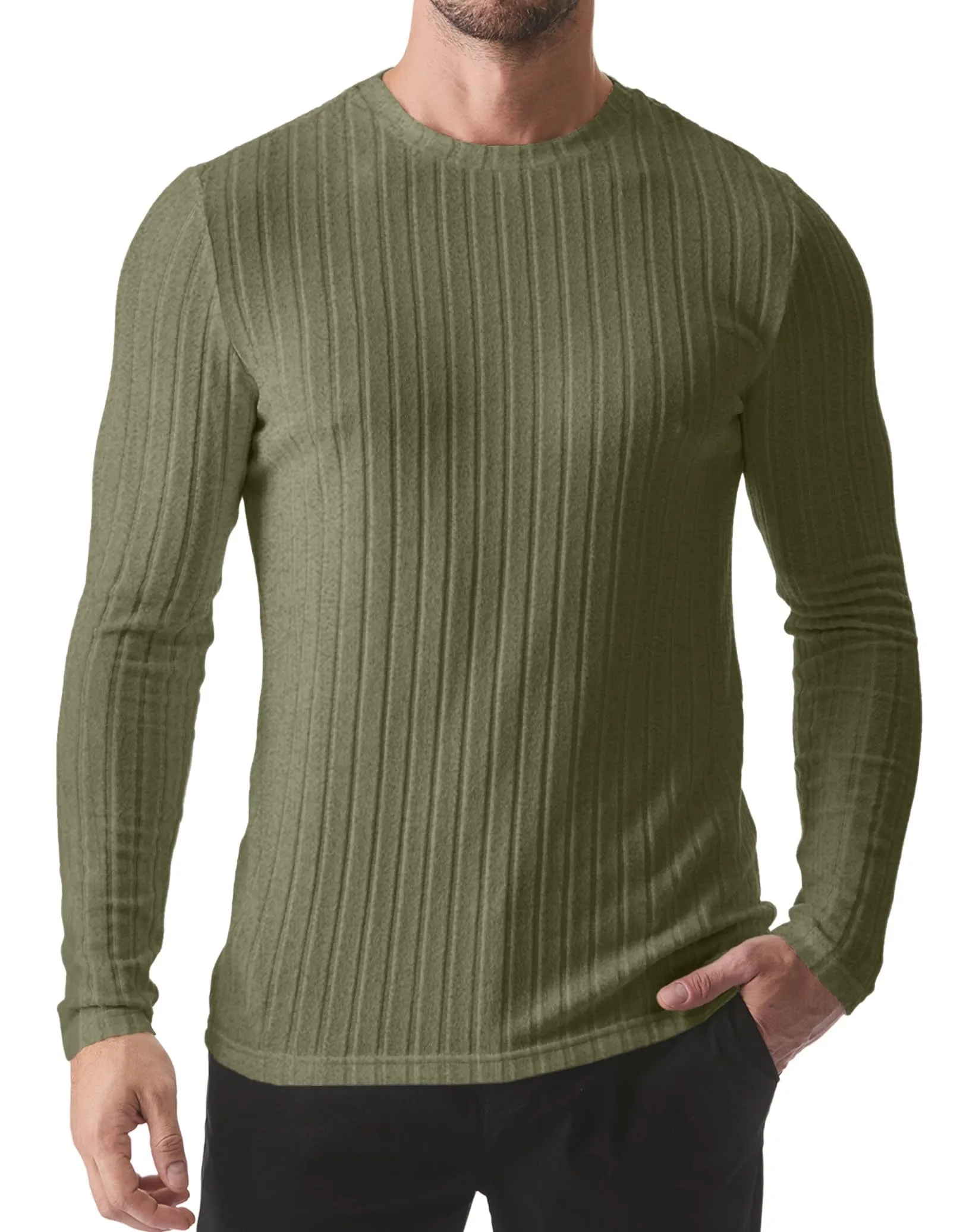 JMIERR Mens Casual Long Sleeve Lightweight T-Shirt Slim Fit Knit Crew Neck Stretch Ribbed Undershirts for Men